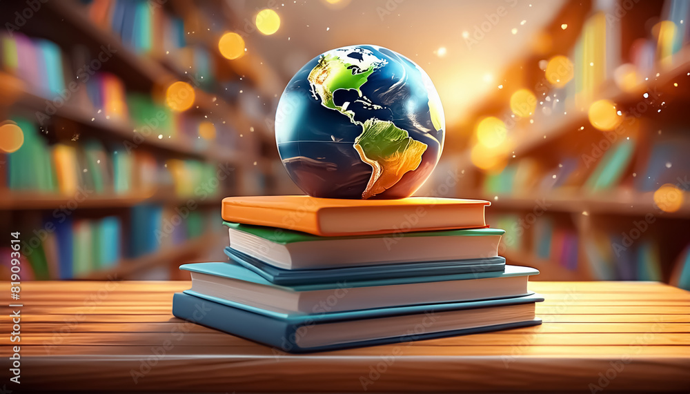 School books with earth globe education concept and blur library background School books with earth globe education concept and blur library background