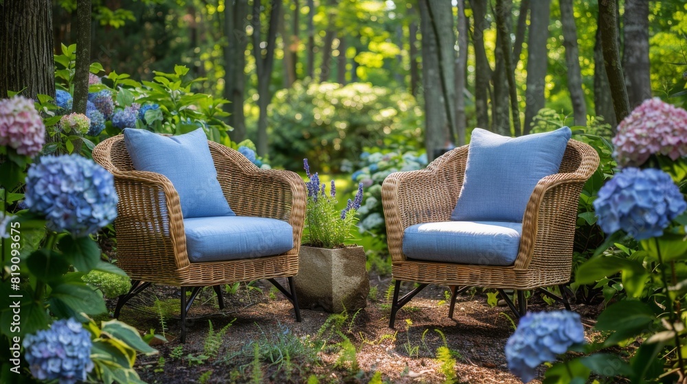 Two Wicker Chairs in Wooded Area