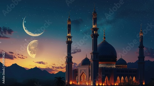 Eid Mubarak Mosque with moon, Islamic mosque, Eid-al-adha, the feast of sacrifice photo