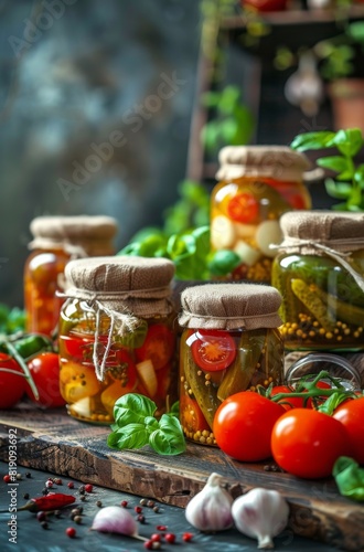 Pickled Vegetables in Jars on a Wooden Table