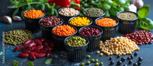 Assortment of Beans and Legumes in Black Cups on Dark Background