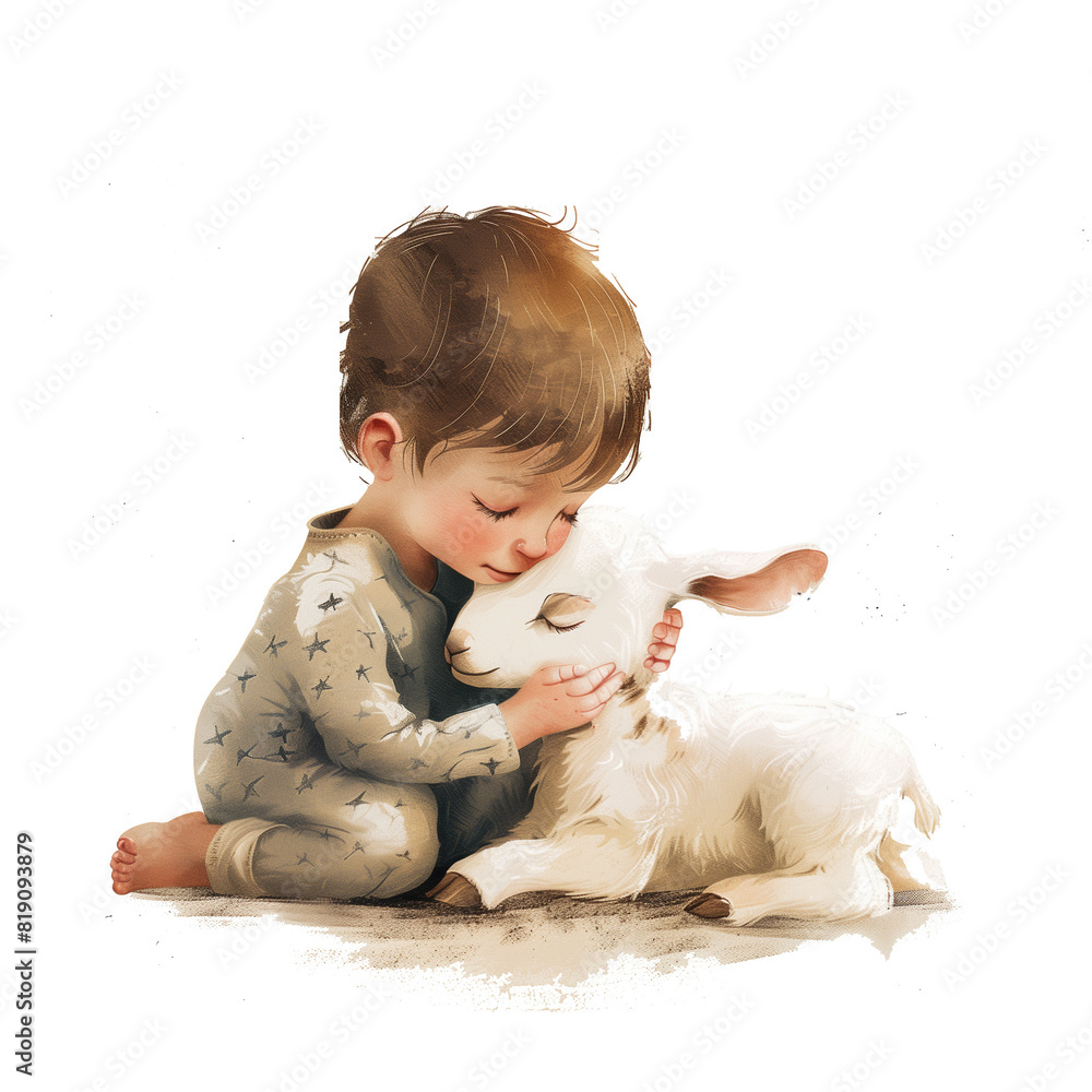 A cute baby boy in pajamas hugging his pet lamb, in the style of a ...