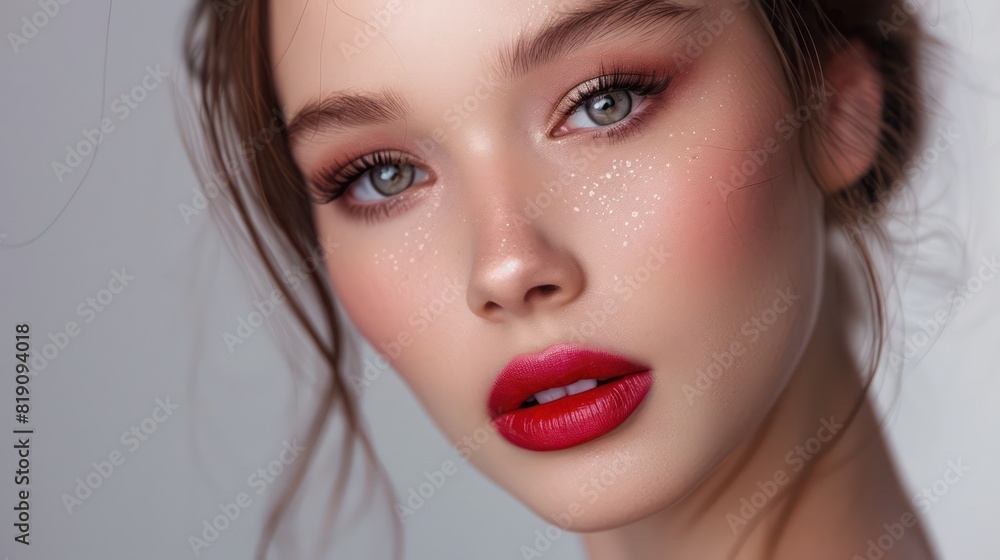 A detailed close-up of a young woman's face showcasing flawless makeup, striking red lips, and captivating eyes A detailed close-up of a young woman's face showcasing flawless makeup, striking red lips, and captivating eyes