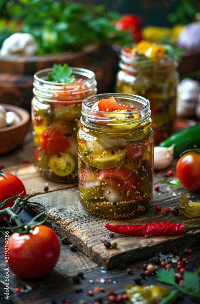 Pickled Vegetables in Jars on a Wooden Table Pickled Vegetables in Jars on a Wooden Table