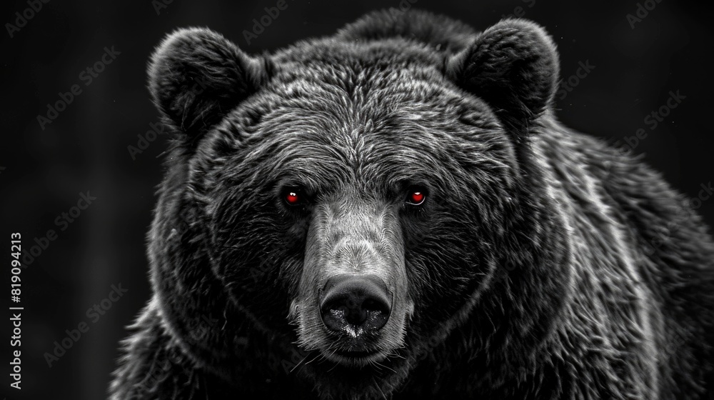 Fototapeta premium Frontal view of a brown bear isolated on a black background. Black and white portrait of a Kamchatka bear with red eyes