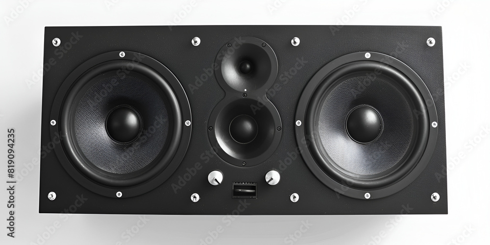 Stylish black dual speakers on clean white surface wallpaper Stylish black dual speakers on clean white surface wallpaper