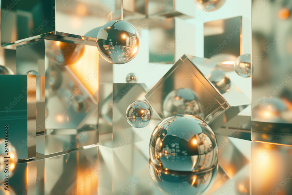Abstract composition of floating geometric shapes, including spheres and cubes, in a zero-gravity environment. Colors range from metallic silver to chrome, with strategic lighting casting sharp shadow Abstract composition of floating geometric shapes, including spheres and cubes, in a zero-gravity environment. Colors range from metallic silver to chrome, with strategic lighting casting sharp shadow