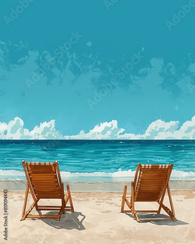 Two beach chairs sit on the sandy beach with a calm sea and clear blue sky in the background , vector illustration © AmazingArt