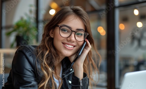 Woman in Glasses Talking on Phone at Table