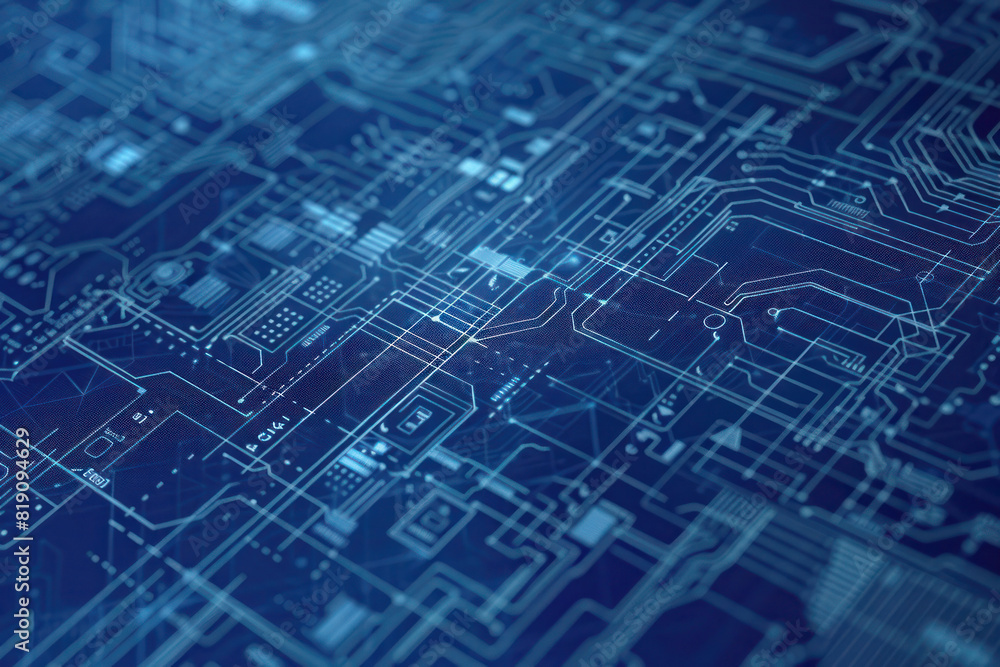 High-tech blueprint style, featuring a network of electronic circuits and nodes on a blueprint paper texture. Hues of blue and white with a translucent paper effect. High-tech blueprint style, featuring a network of electronic circuits and nodes on a blueprint paper texture. Hues of blue and white with a translucent paper effect.