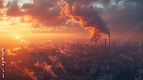 Aerial view of a cityscape at sunset with industrial smoke filling the sky, highlighting the environmental impact of urban pollution.