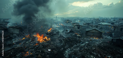 Aerial view of a devastated area with burning fire and thick smoke rising into the evening sky, showcasing destruction and chaos.