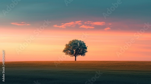 A minimalistic nature landscape with tree surrounded with desert at sunset with pink and blue background. A fantasy tree with magical view surrounded with grass area. Neutral image concept. AIG42.