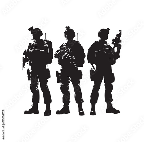 Soldier silhouette on a white background. Special army force wearing uniforms. Soldiers standing with assault rifles silhouette.armies with anonymous faces. infantry silhouette collection.