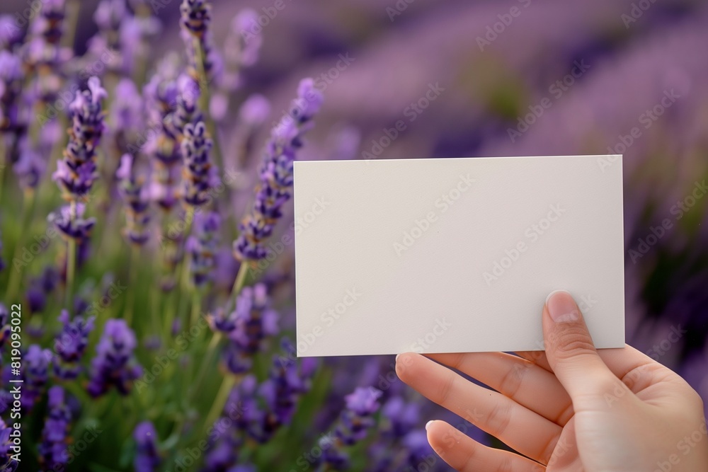 Hand Holding Blank Card in Lavender Field Hand Holding Blank Card in Lavender Field