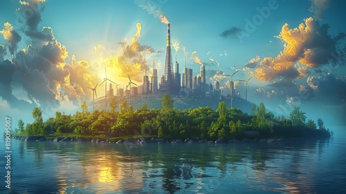 A futuristic city with towering skyscrapers rising above a lush, green island surrounded by water under a beautiful sunset sky. © Narongsak