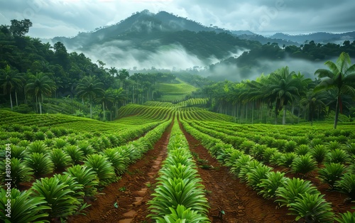 A lush, green agricultural farm with rows of crops leading to misty mountains in the background under a cloudy sky.