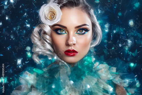 A woman in a fantasy-themed outfit with elaborate makeup, set against a sparkling, starry background. Her platinum blonde hair and ethereal appearance create a magical and captivating scene