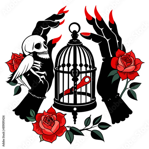 vector illustration of skeletal hands holding an open birdcage, surrounded by vibrant red roses and green leaves, set against a dark background