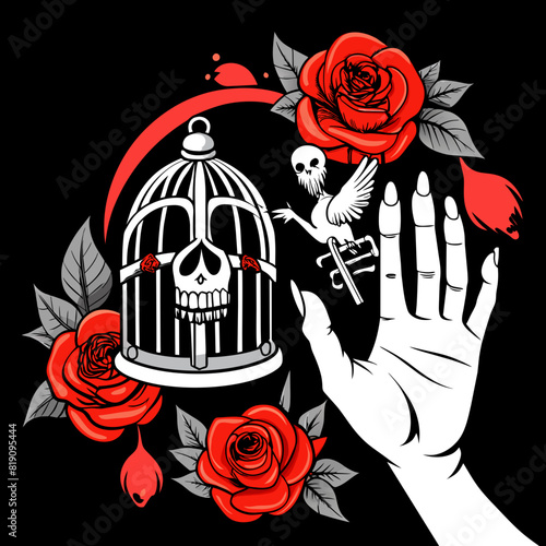 vector illustration of skeletal hands holding an open birdcage, surrounded by vibrant red roses and green leaves, set against a dark background