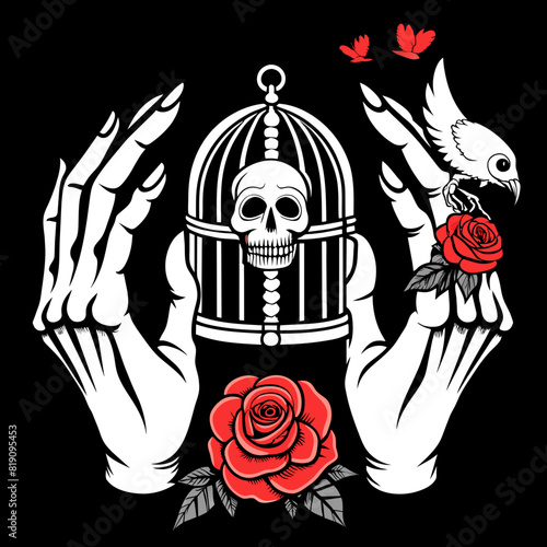 vector illustration of skeletal hands holding an open birdcage, surrounded by vibrant red roses and green leaves, set against a dark background