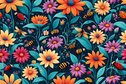 Colorful floral pattern in cartoon style. flowers and leaves with playful features seamless pattern background