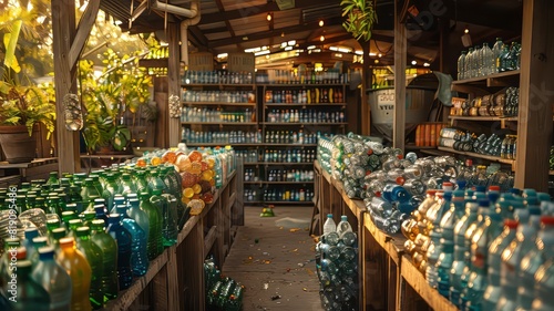 A rustic recycling center with rows of neatly organized plastic bottles, bathed in warm sunlight, promoting sustainability.
