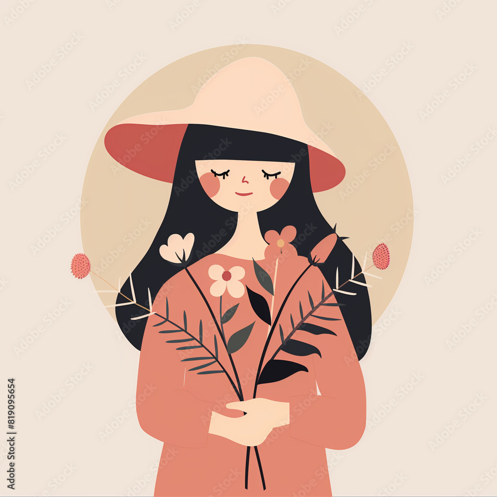 Flat illustration of girl wearing hat and holding flowers Flat illustration of girl wearing hat and holding flowers