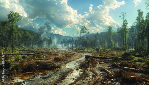 A striking depiction of deforestation in a lush forest, with cloudy skies above and smoke in the distance, illustrating environmental impact.