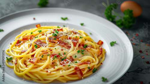 Delicious spaghetti carbonara with bacon  egg  cream and freshly grated parmesan  served on a white plate with decorative parsley leaves 
