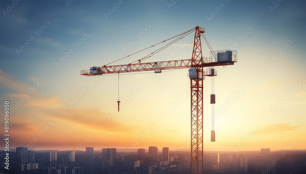 Lifting construction crane at construction site on the background of the sky and building under construction