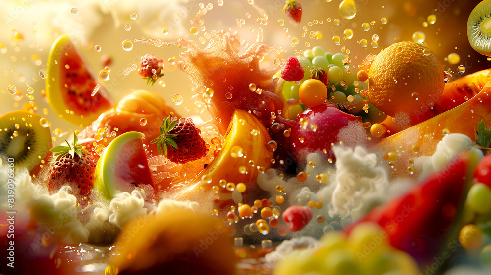 Madness of flavors: a mix of exotic fruits - from papaya to lychee - creates a swirling fountain of flavors, surrounded by a cloud of aromatic essences Madness of flavors: a mix of exotic fruits - from papaya to lychee - creates a swirling fountain of flavors, surrounded by a cloud of aromatic essences