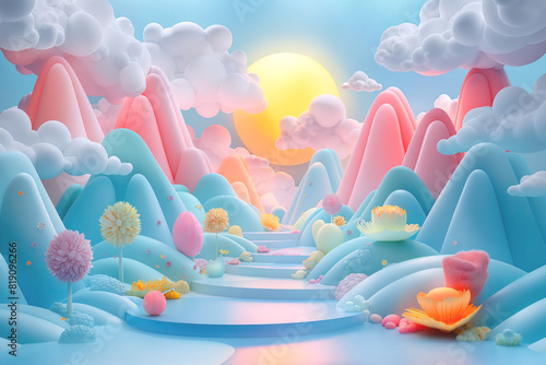 Whimsical 3d scene with pastel mountains, fluffy clouds, and a bright sun in the background. Colorful trees and flowers in a surreal, animated landscape © Denniro
