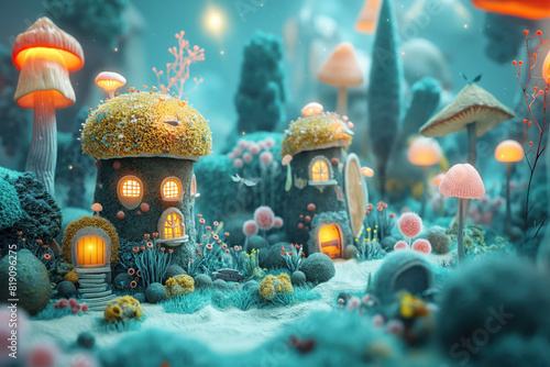 Whimsical 3D illustration of a fantastical village scene with mushroom houses. The scene includes glowing windows, various types of mushrooms, and vibrant plant life in a colorful, imaginative setting © Denniro