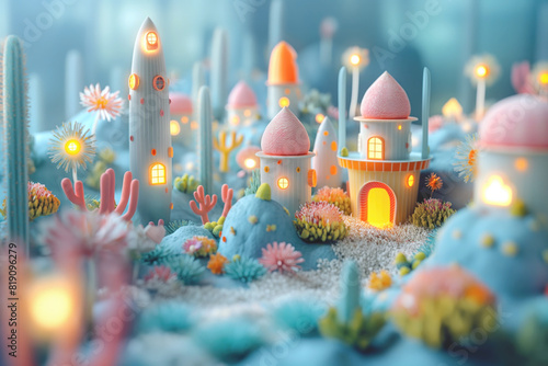 Whimsical 3d scene of a fantasy village with glowing lights and soft pastel colors. Miniature buildings with detailed textures, surrounded by vibrant, playful flora and unique animated elements © Denniro