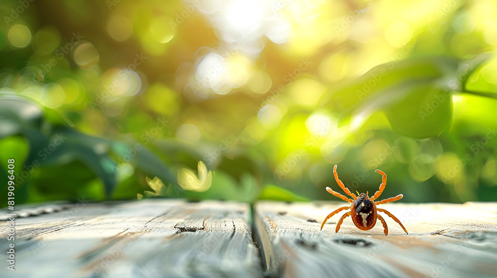 Naklejka premium Close-up of a tick on a wooden surface with green foliage in the background