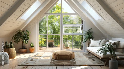 Cozy attic A-frame sitting area with lush outdoor view © ArtistiKa