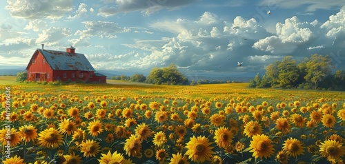 Beautiful rural landscape with a red barn and a vibrant sunflower field under a dramatic cloudy sky. photo