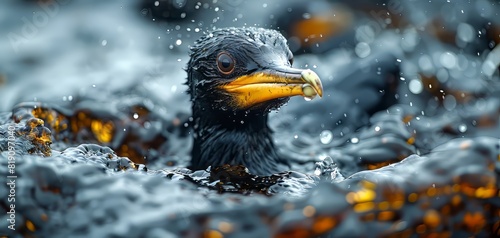 Close-up of a bird's head emerging from water, with droplets glistening on its feathers and a dark, reflective surface surrounding it. photo