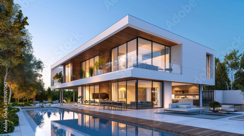 A modern two-story house with large windows, an outdoor swimming pool and lush green grass in front of it © Kien