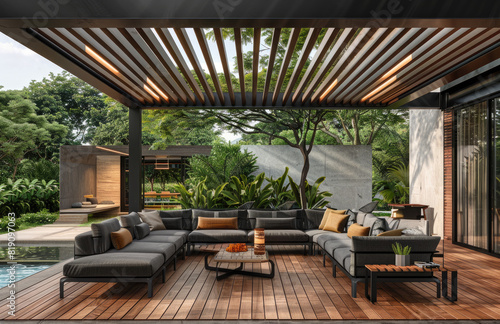 modern outdoor lounge area with wood seating and black metal accents, surrounded by greenery. wooden floor with a modern architecture design.