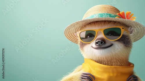 A cute and funny sloth wearing a summer hat and sunglasses  ready for vacation.