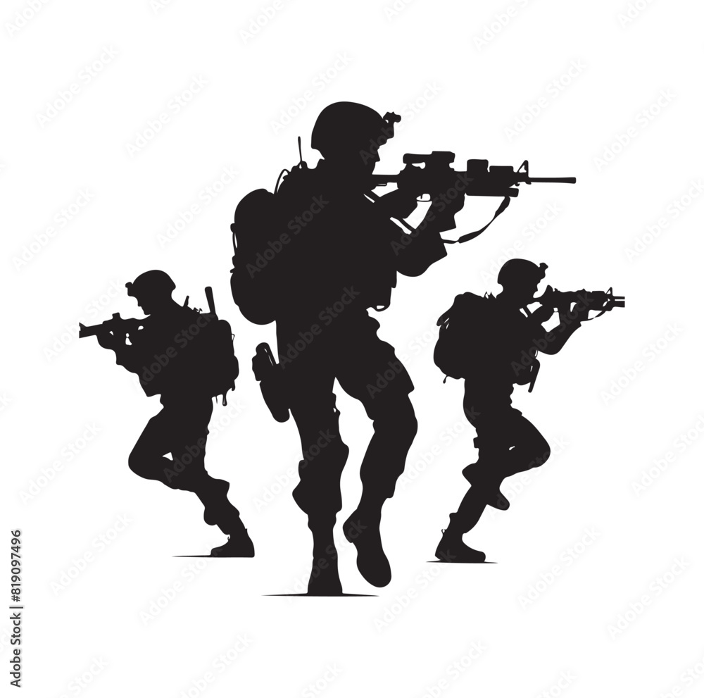 Obraz premium Soldier silhouette on a white background. Special army force wearing uniforms. Soldiers standing with assault rifles silhouette.armies with anonymous faces. infantry silhouette collection.