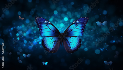 Blue butterfly glowing shining on black background © terra.incognita