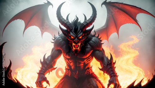 A menacing red demon with large wings stands surrounded by intense flames, evoking a sense of power and danger.. AI Generation