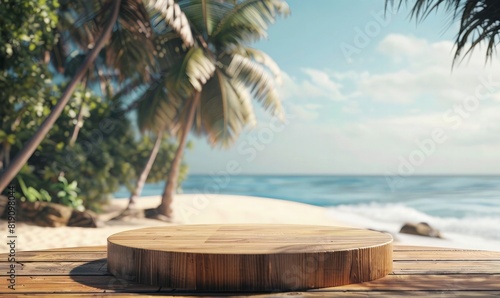 Summer season empty wooden podium or pedestal with beach background. Tropical palm trees and the sea for a product display presentation mockup design, 3D rendering, realistic photo