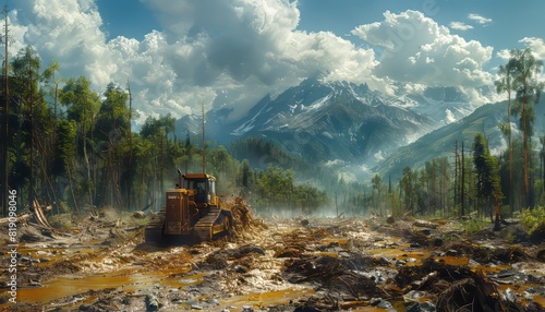 Heavy-duty bulldozer clearing mud and debris in a forest with majestic mountains and clouds in the background. photo