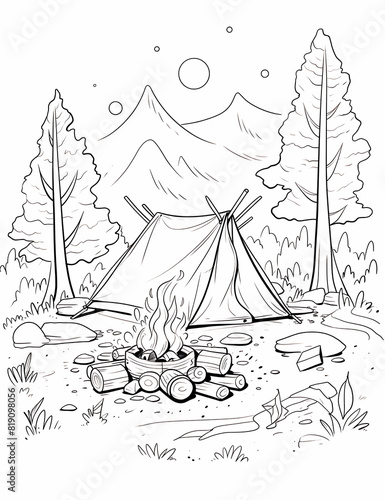 camping coloring page, Landscape.Coloring book anti stress for children and adults
