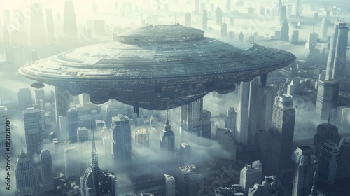  Giant alien spaceship over a city. Space alien ship UFO over the city. Conceptual image of ufology photo