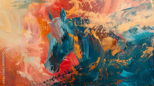 watercolor painting of a running horse with paint splashes on colorful black canvas photo